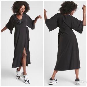 Athleta Calistoga Wrap Dress Black Sz M 511528 Midi Kimono Sleeve V Neck